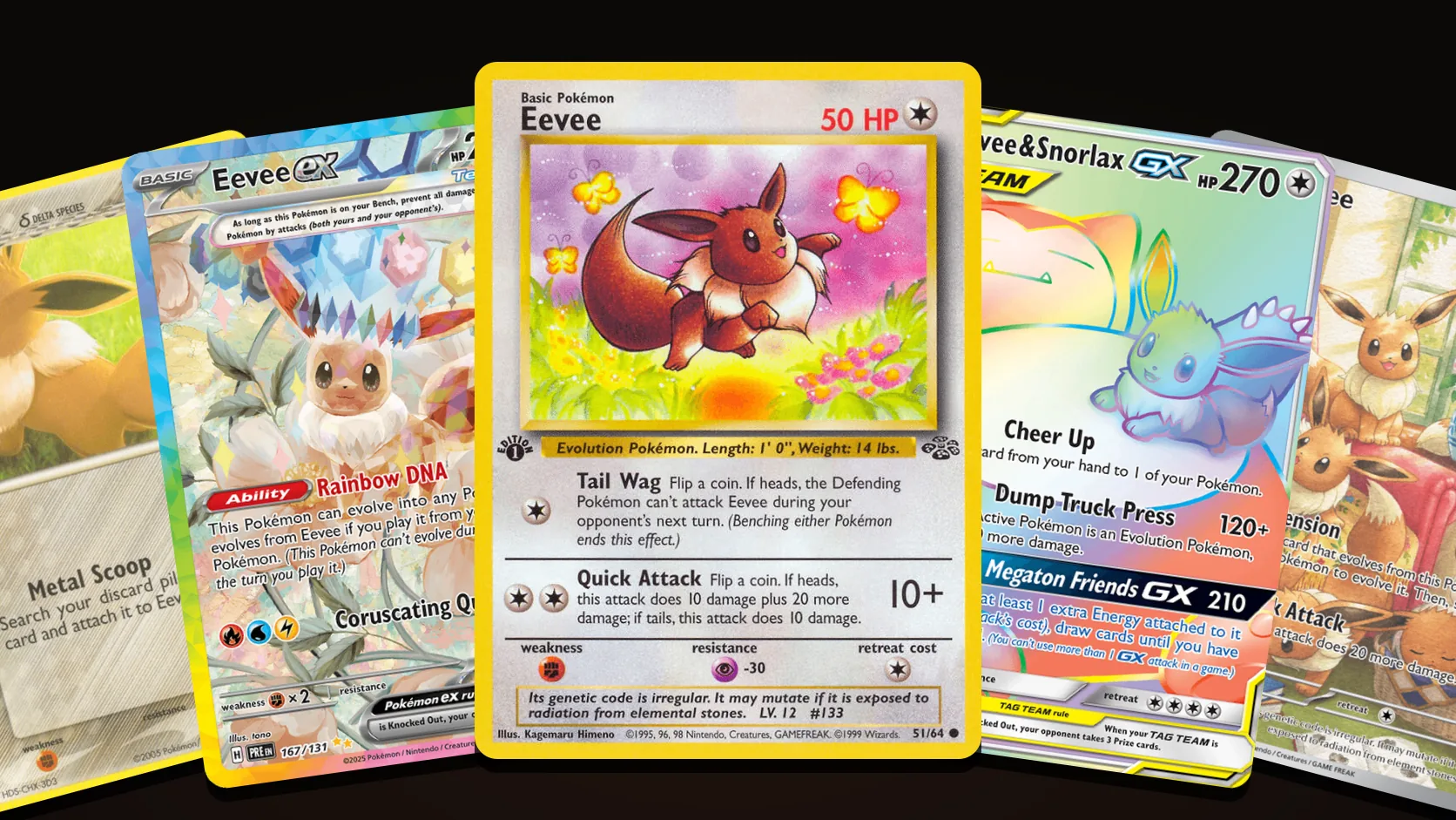 Five Eevee Pokémon cards fanned out: the 1st Edition Jungle Eevee in the centre, with the Prismatic Evolutions Eevee ex and the Delta Species Eevee δ on the left, and the rainbow Eevee & Snorlax GX and the Twilight Masquerade Eevee illustration rare on the right
